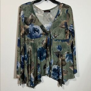 Floral V-Neck Green and Blue Women’s Top Sheer